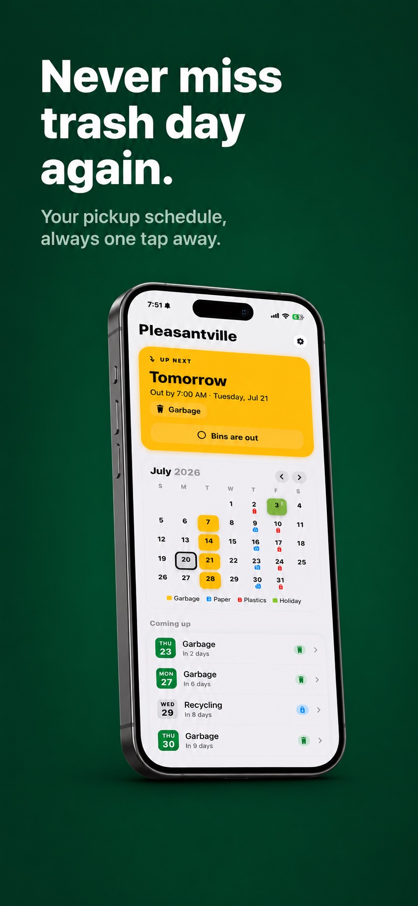 TrashDay showing the next pickup and a month calendar of pickup days