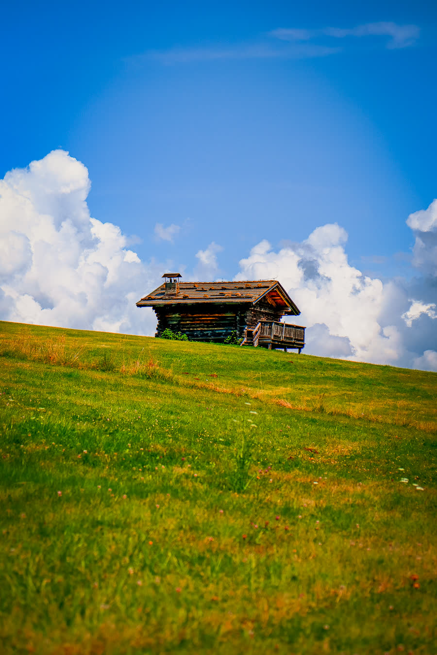 A timber hut alone on a green meadow under cumulus cloud